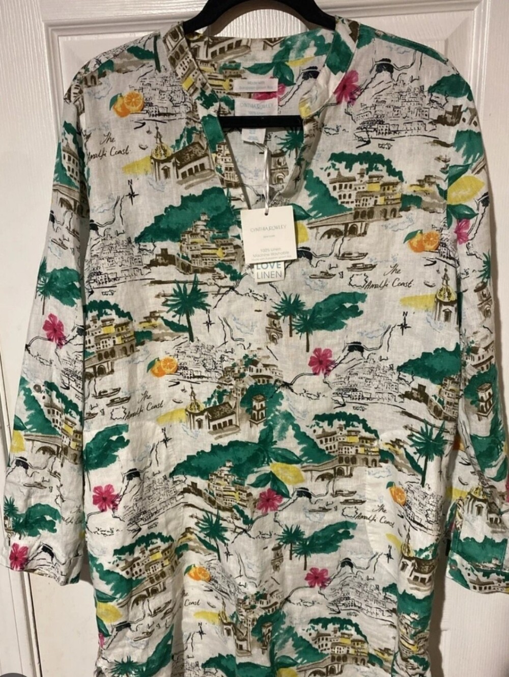 💥Cynthia Rowley 100% Linen Scenic Travel Print Button Up Shirt NWT